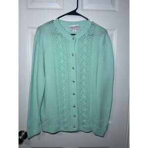 Vintage Glamour-Knit Cardigan Sweater Women's Large Green Open Knit Button USA